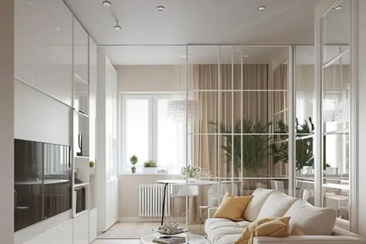 Imagem ilustrativa: sala com sofá branco, tapete e divisória de vidro